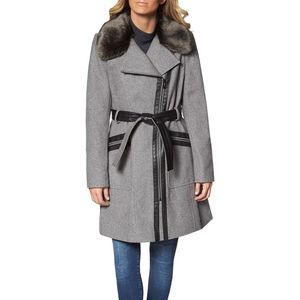 Via Spiga Faux Fur Wool Coat for Women- Slim Fitted Asymmetric Jacket with Belt
